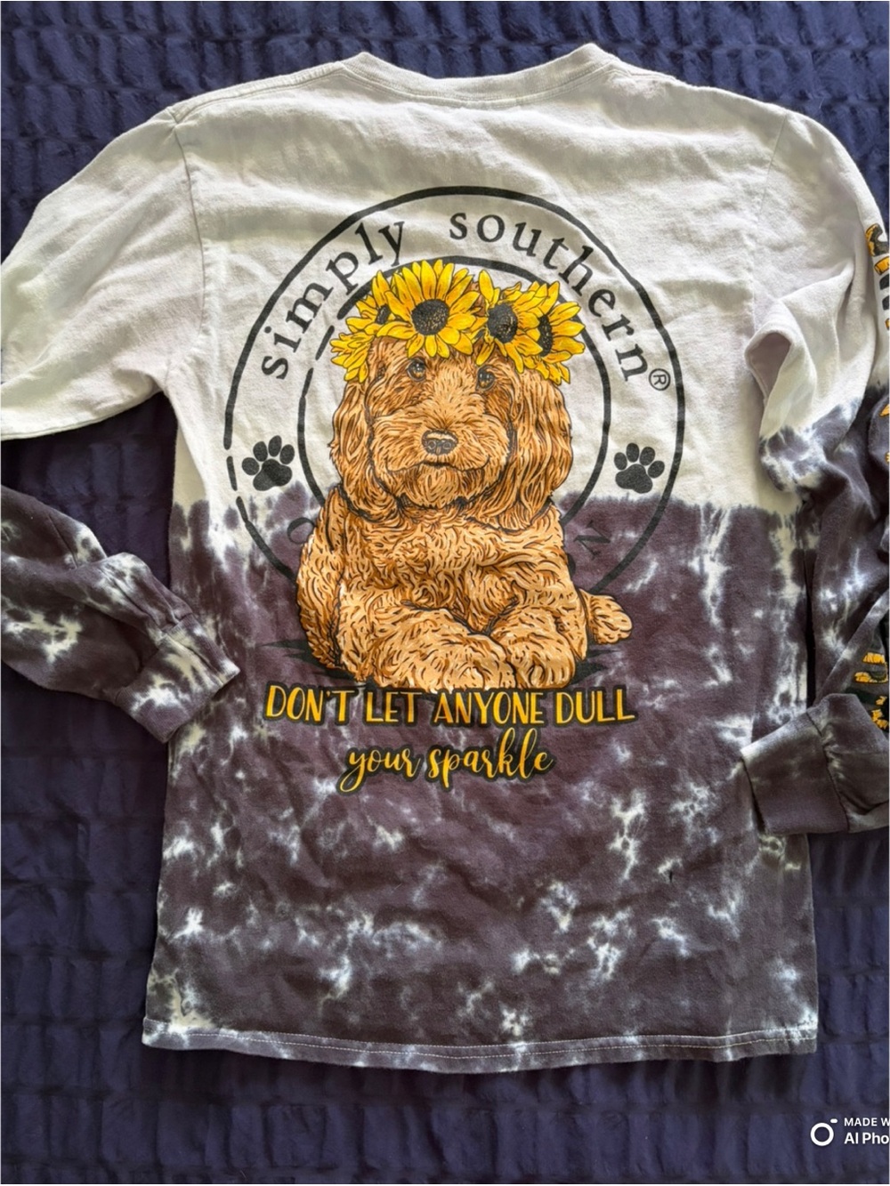 Simply Southern Light Blue Tie-Dye Long Sleeve Tee with Yellow Sunflowers